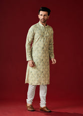 Ensemble pyjama Kurta en coton imprimé vert-jaune pour homme